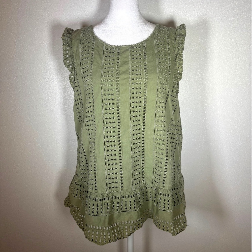 Olive Green Cotton Eyelet Lace Ruffle Peplum Top Embroidered L Vineyard Vines